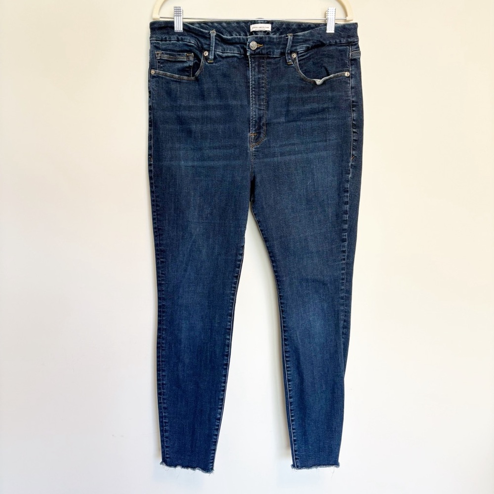 Good American High Rise Dark Wash Skinny Jeans Raw Hem size 18